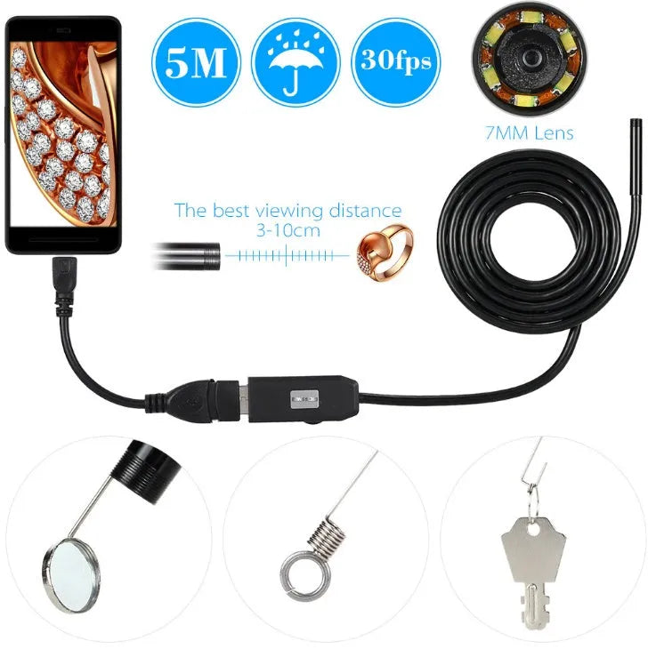 OWSOO USB endoscope camera with 5m cable, 7mm lens, LED lights, hook, magnet, and mirror for inspections