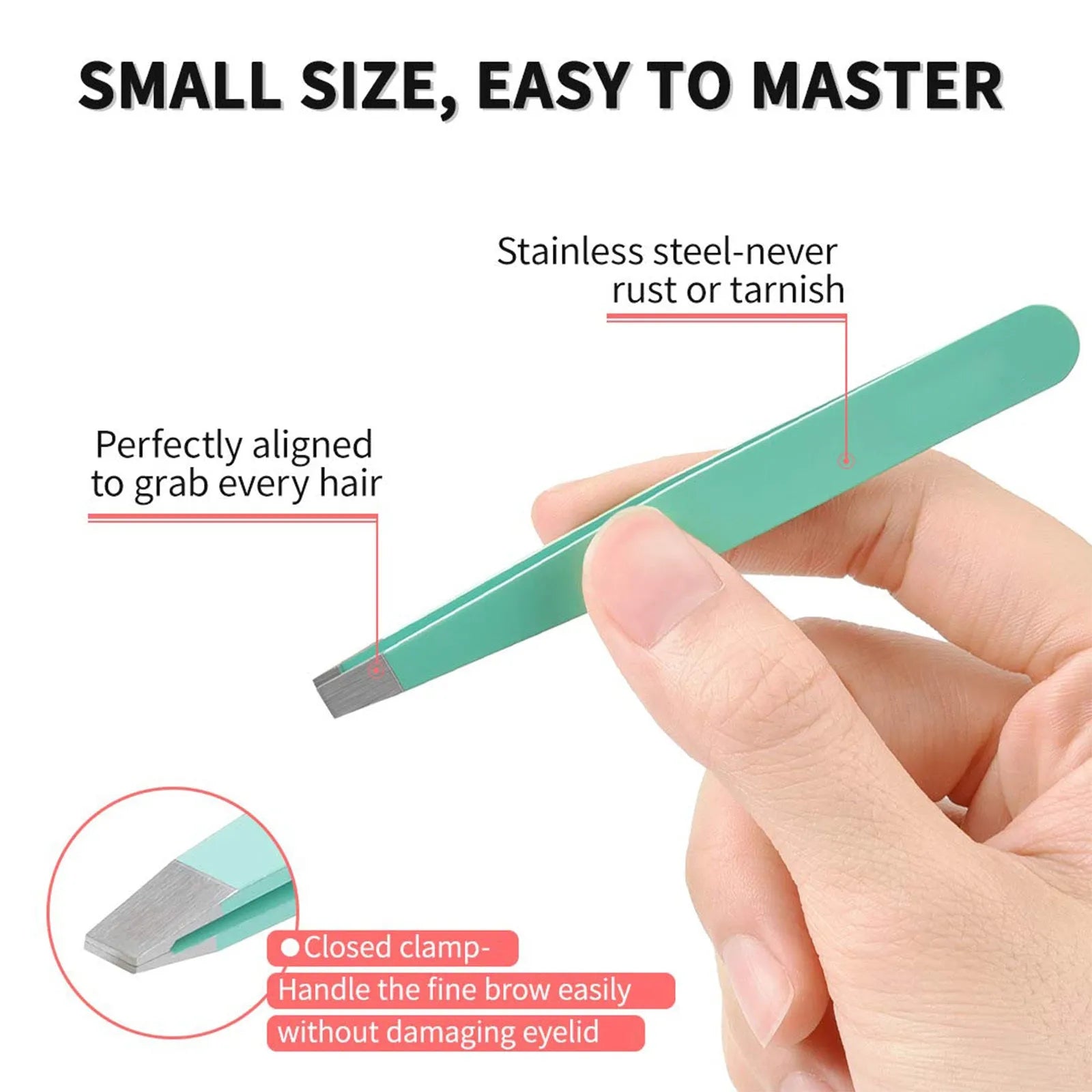 Professional eyebrow tweezers set with four stainless steel tweezers, curved scissors, brush, and leather case.