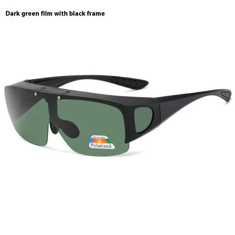 Polarised sports sunglasses with one-piece myopia correction lenses in a dark tint, suitable for cycling and climbing.