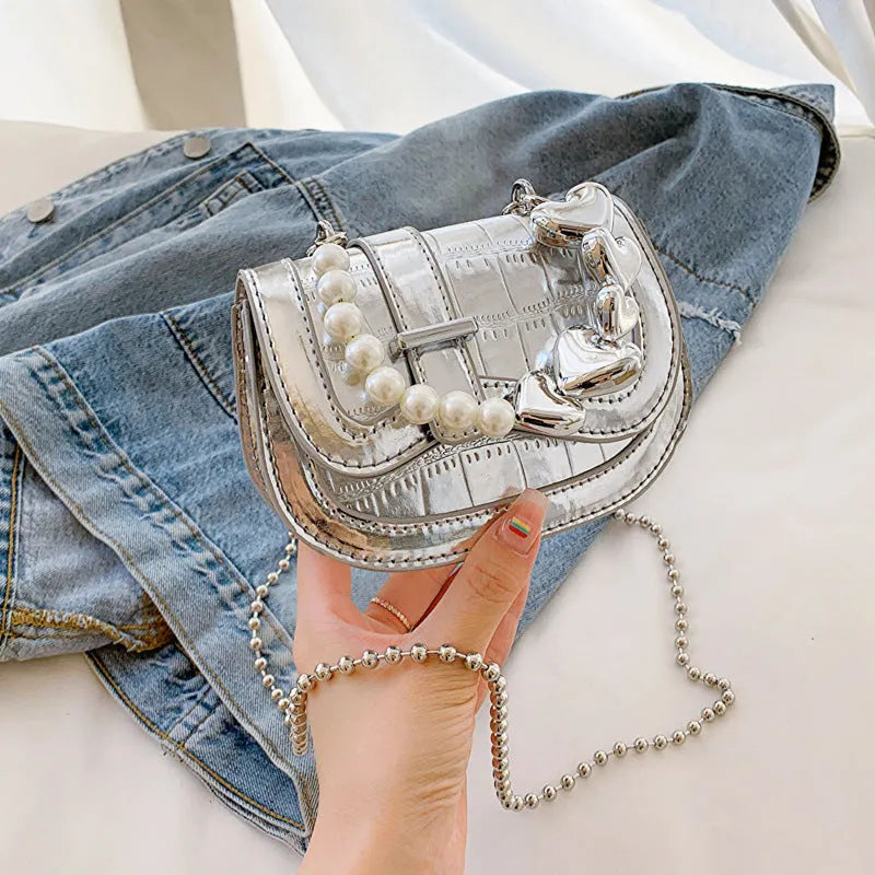 Silver laser pearl women's crossbody bag with square shape and adjustable strap