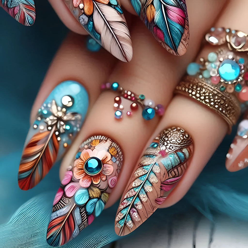 European American retro nail art set with colourful feather armour designs