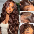 Women's dark brown long curly front lace wig with side bangs, shown on a model.