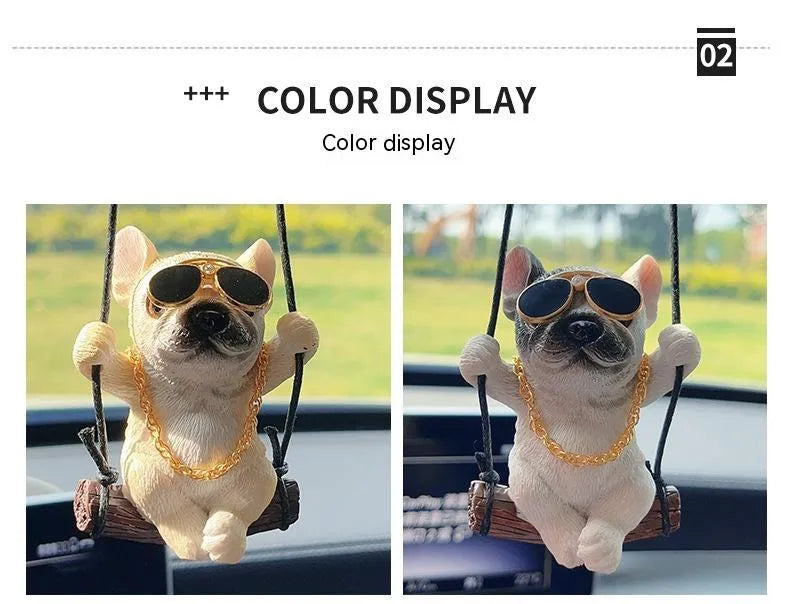 Cartoon-style resin bulldog car pendant hanging ornament in black, white, or yellow.