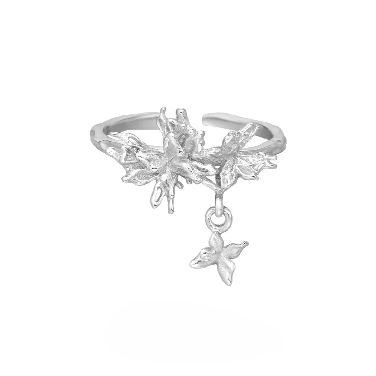 Adjustable silver butterfly ring with electroplated finish in white gold or 18K gold colour option