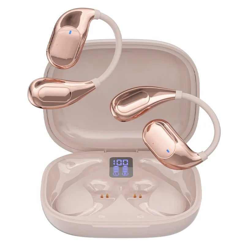 Open wireless Bluetooth headset in black with ear-mounted design and digital display screen