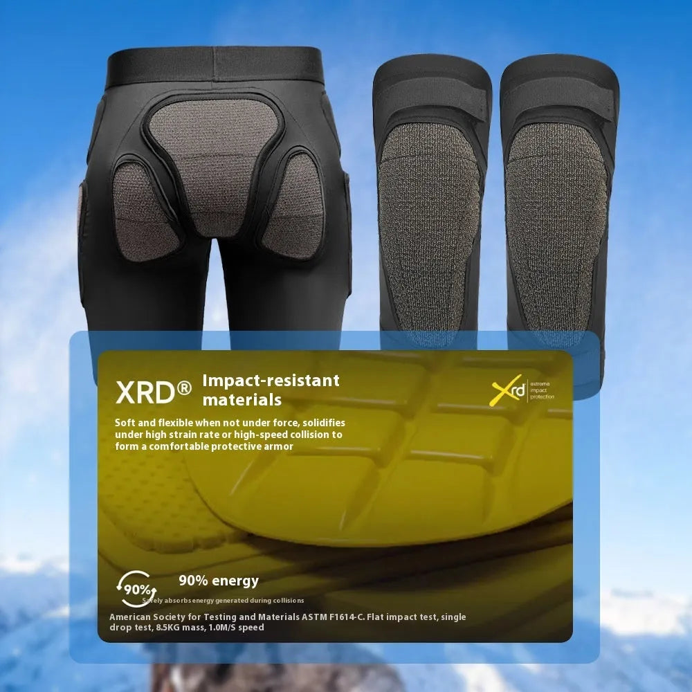 X-ray diffraction skiing protective gear showing slim-design hip pads and multi-protection knee pads.