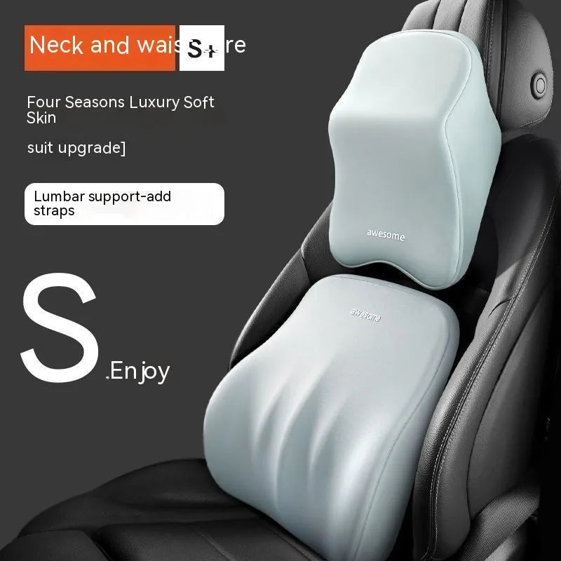 Car headrest and lumbar support pillow set in one of four colours: black, gray, blue, or pink, with memory foam filler.