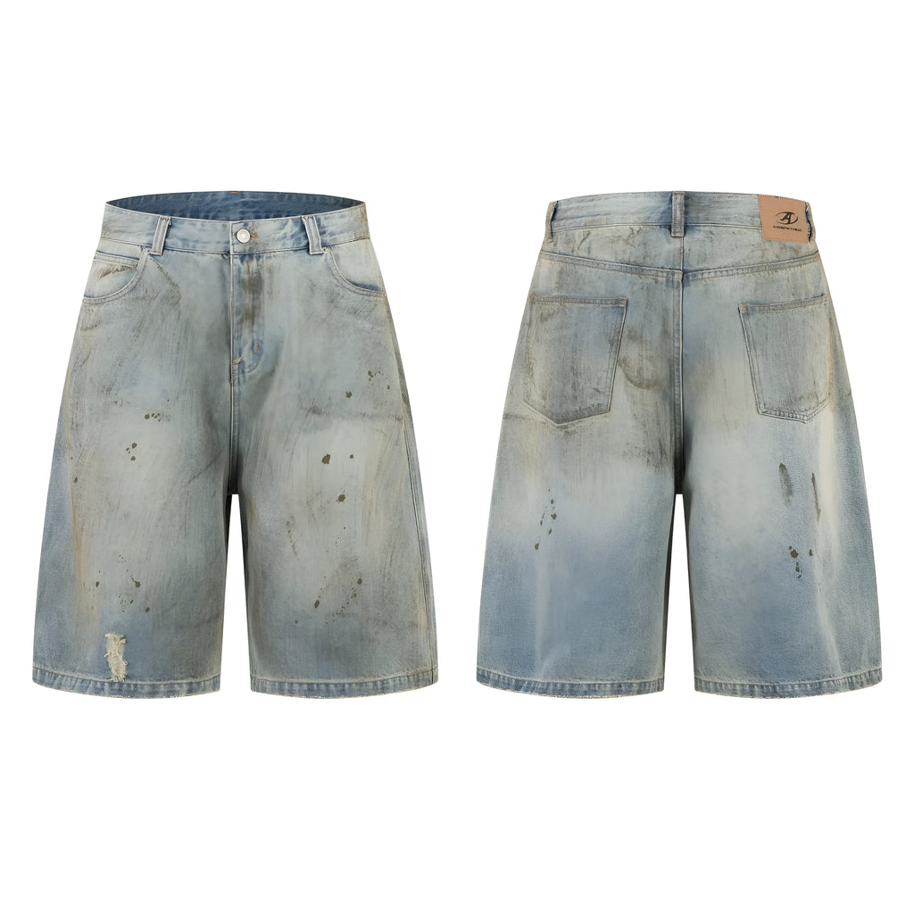 Men's blue washed cotton denim trousers with cropped length and straight-leg streetwear style