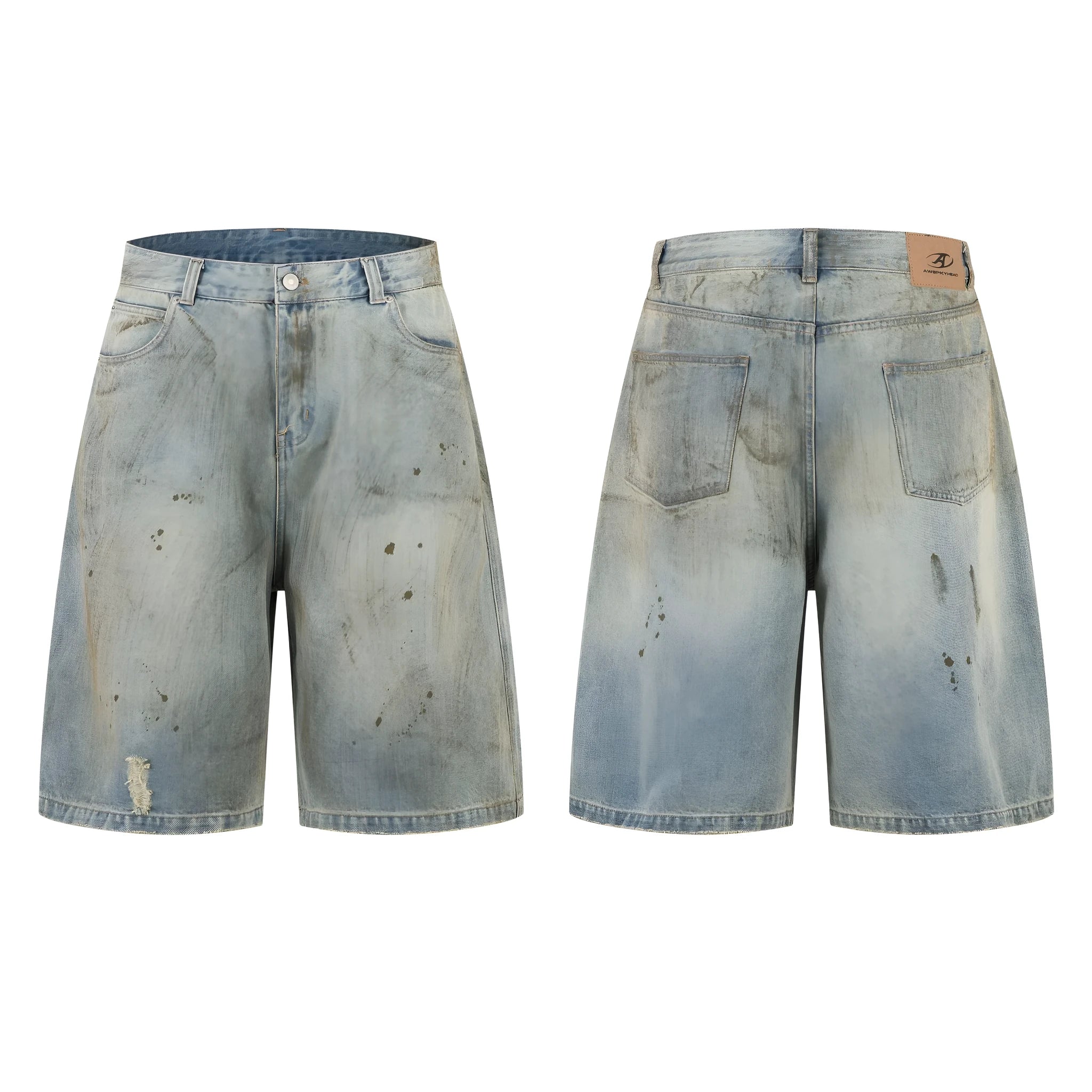 Men's blue washed cotton denim trousers with cropped length and straight-leg streetwear style