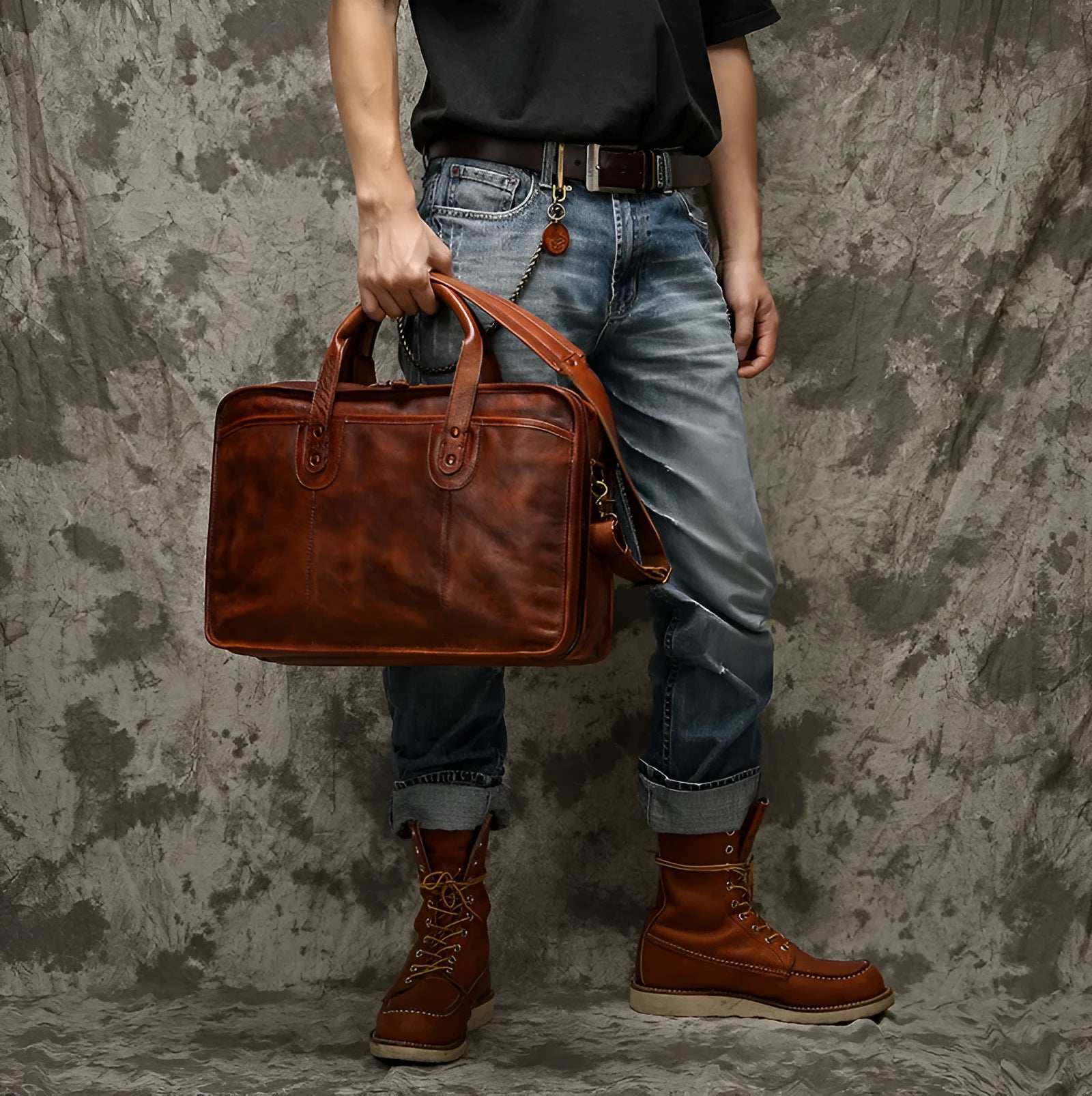 Vintage style brown leather men's briefcase showing internal organisation pockets and soft handle.
