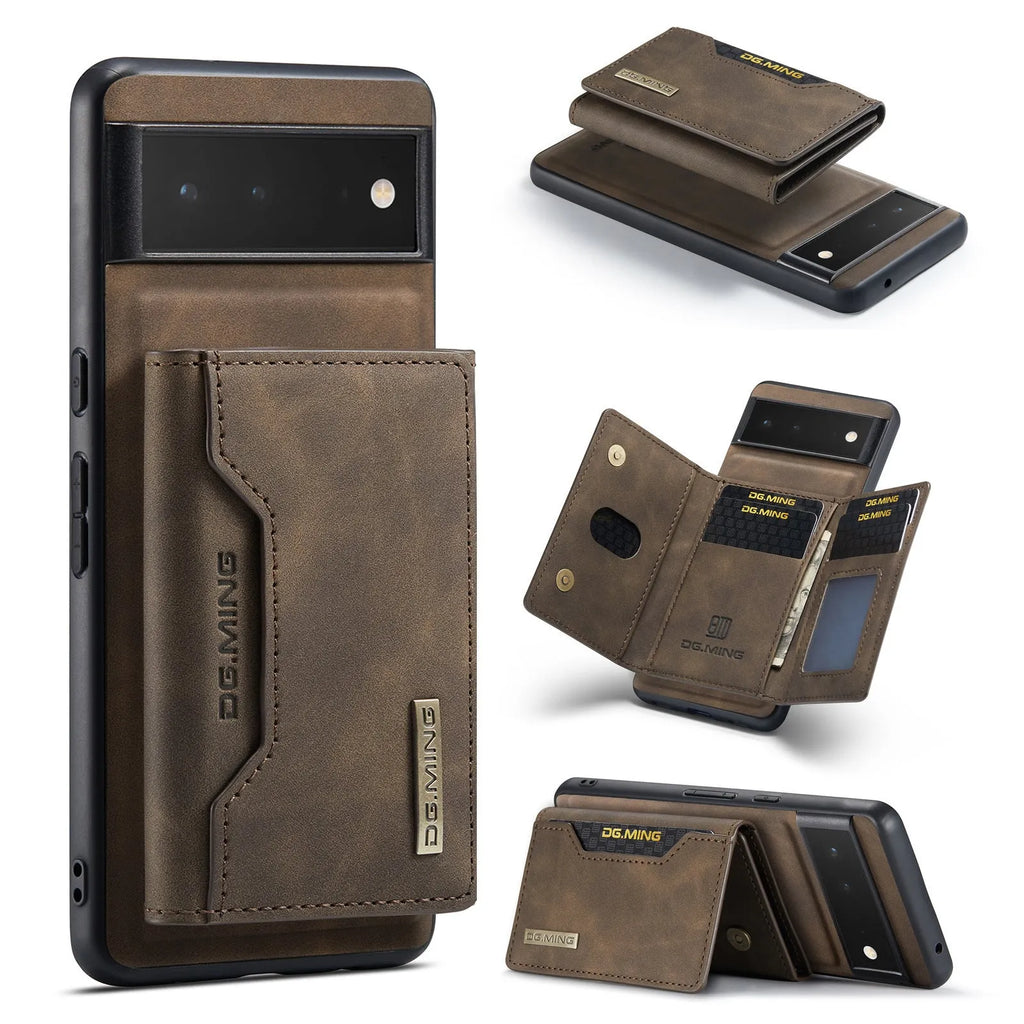 Hand-woven leather magnetic card holder phone case for Google Pixel 6 7 8, black combination