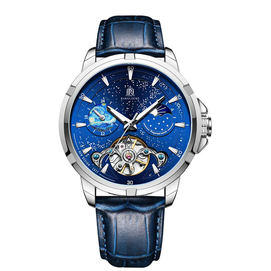 Blue dial men's automatic mechanical watch with stainless steel case on wrist