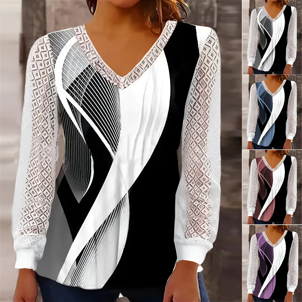 Purple V-neck loose top with hollow-out lace pattern and long sleeves