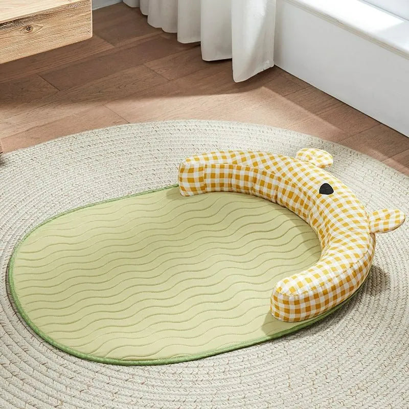 Green and yellow four-season universal dog mat and cat bed mattress in four sizes for summer cooling.
