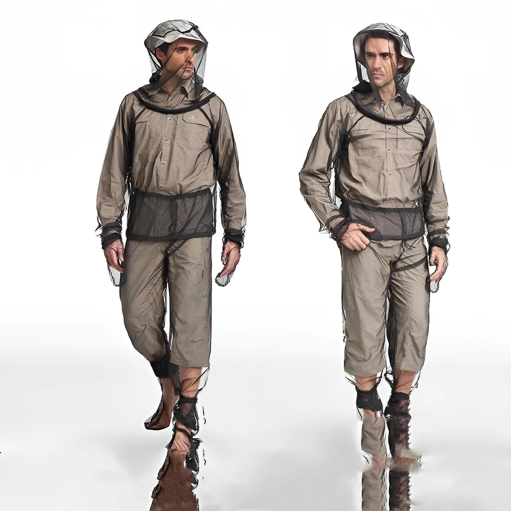 Solid colour mesh anti-mosquito suit set with hood, pants, and booties for outdoor wear