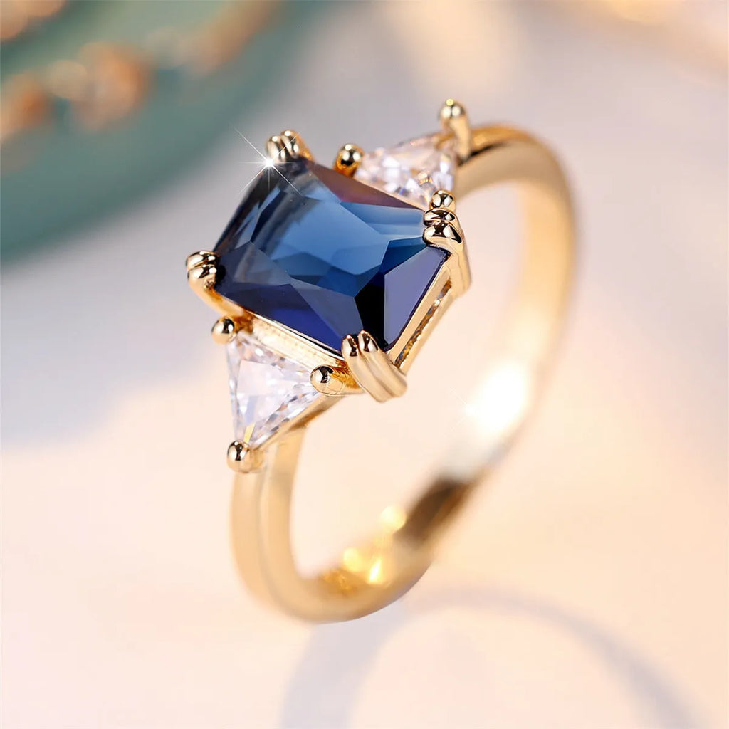 Rectangular copper ring with gold sapphire blue finish for women