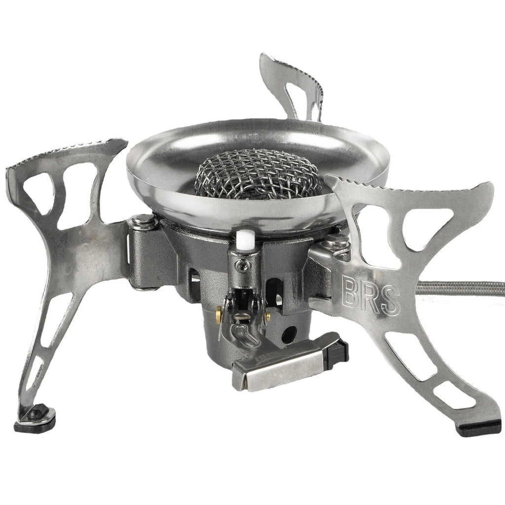 BRS-15 silver outdoor camping gas stove with stainless steel burner and copper alloy gas connections