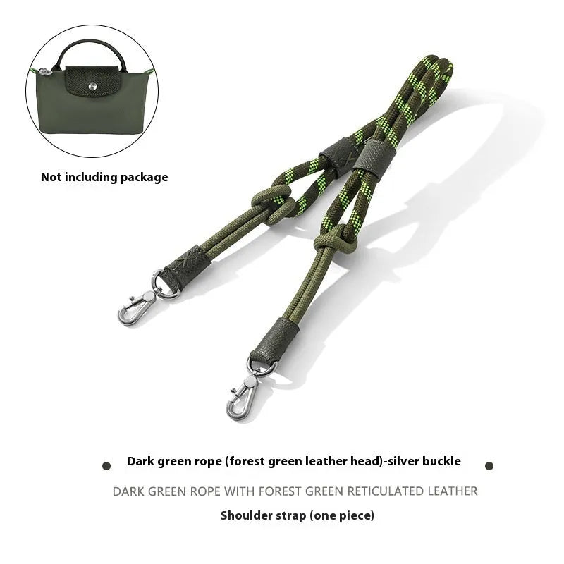 Braided nylon rope shoulder strap with cowhide leather accents and an alloy buckle.