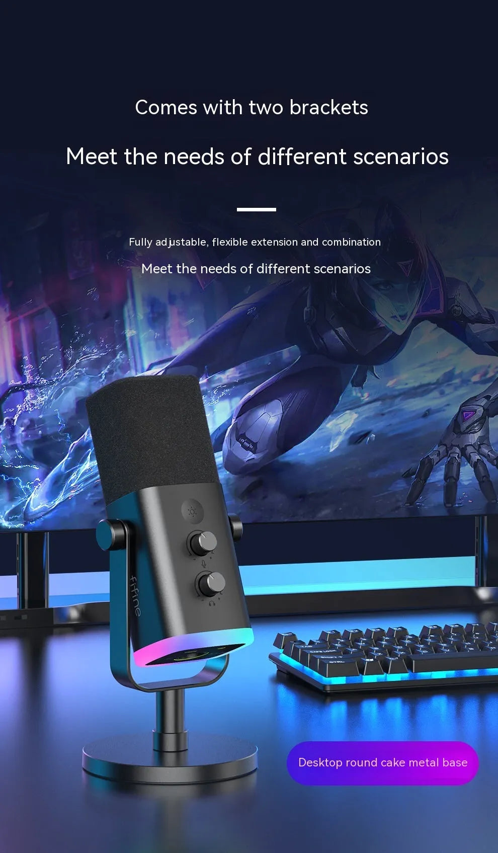 Black, pink, or white dynamic noise reduction microphone with XLR cable and base on a desk.