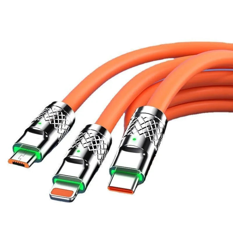 Orange silicone three-in-one charging cable for Android and Apple devices
