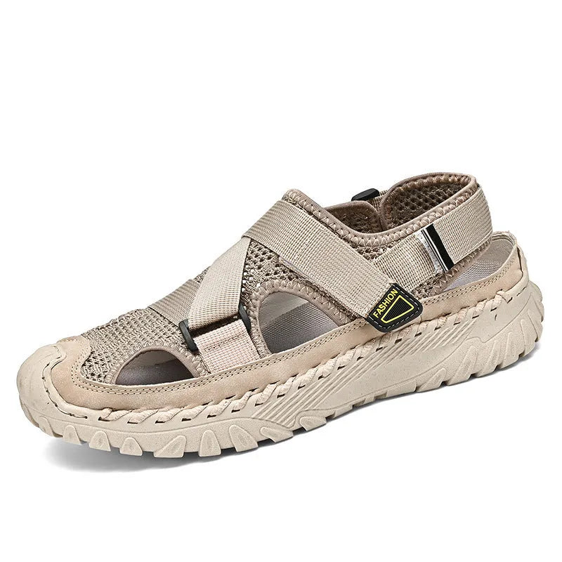 Men's casual leather sandals with mesh lining in grey, wheat, or milk tea colour on a rubber sole
