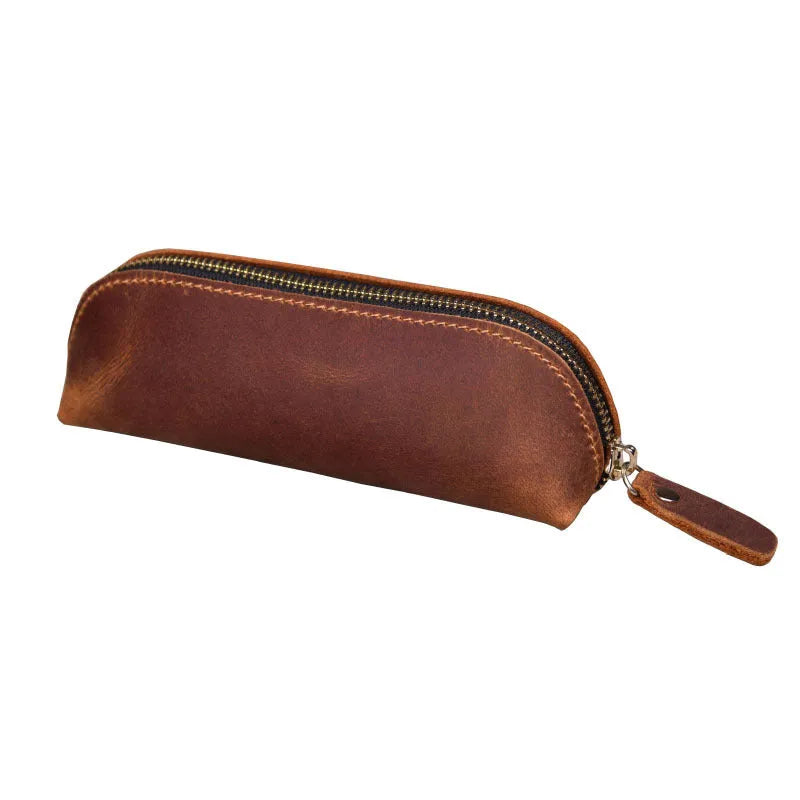 Genuine cowhide leather pencil case with zipper closure measuring 18cm long