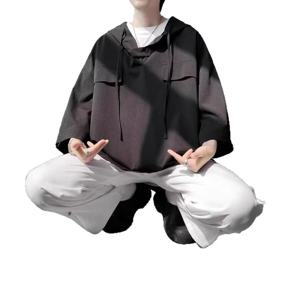 Men's hooded short sleeve t-shirt in polyester fabric available in multiple colours and plus sizes