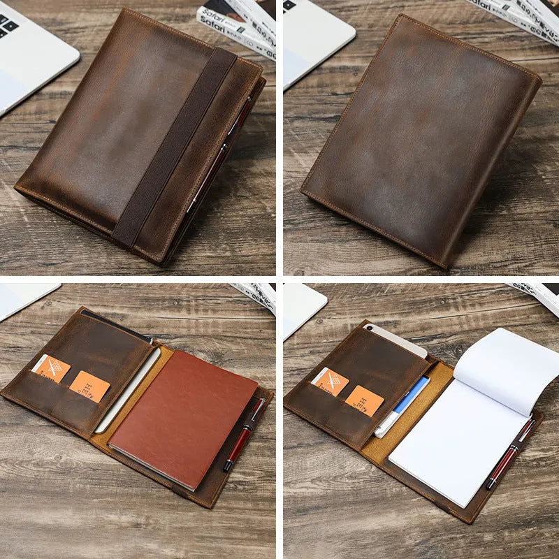 Brown Crazy Horse leather A5 notebook protective sleeve with square socket-type design