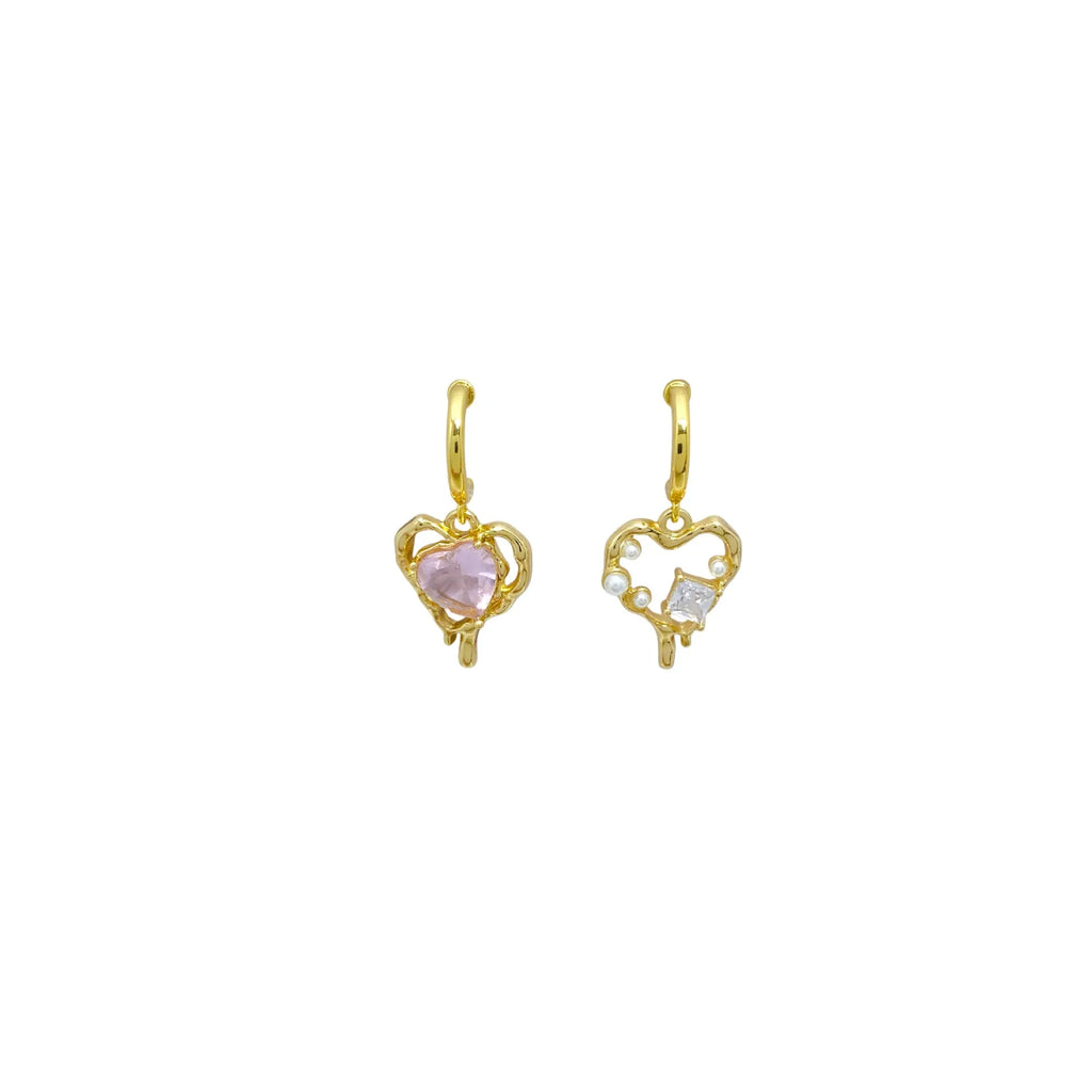 Asymmetric heart earrings with inlaid zircon on copper, available as ear clips or ear studs, one pair