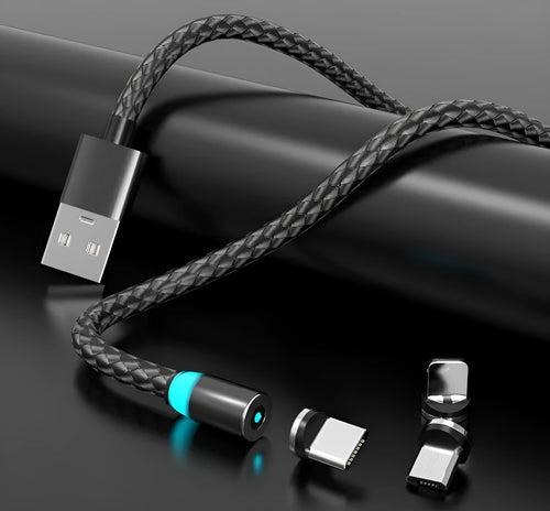 Breathing light magnetic charging cable with LED indicator and interchangeable Lightning, USB-C, and Micro USB tips.