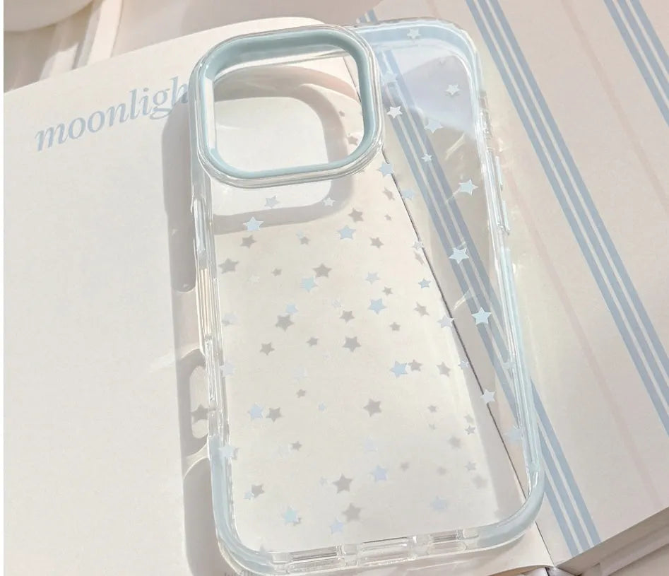 Transparent TPU phone case with blue edge and blue star dots for Apple iPhone