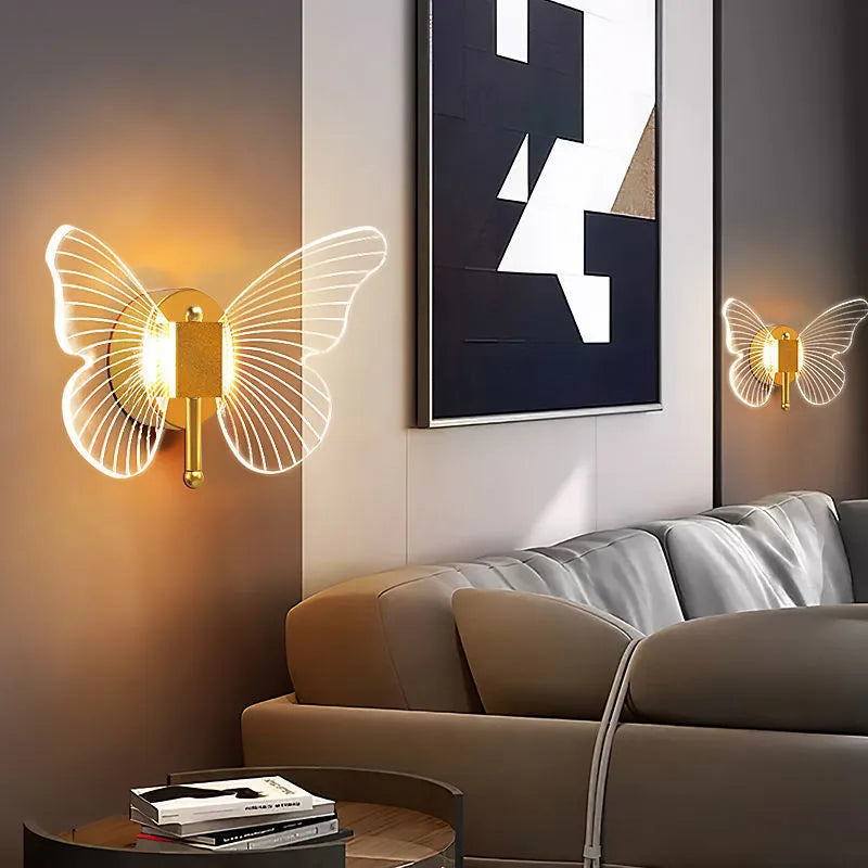 Butterfly acrylic wall lamp with golden three-colour dimming warm decorative lighting fixture