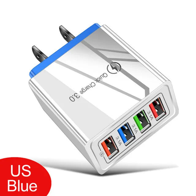Intelligent 3A mobile phone charging head with luminous indicators showing four USB ports