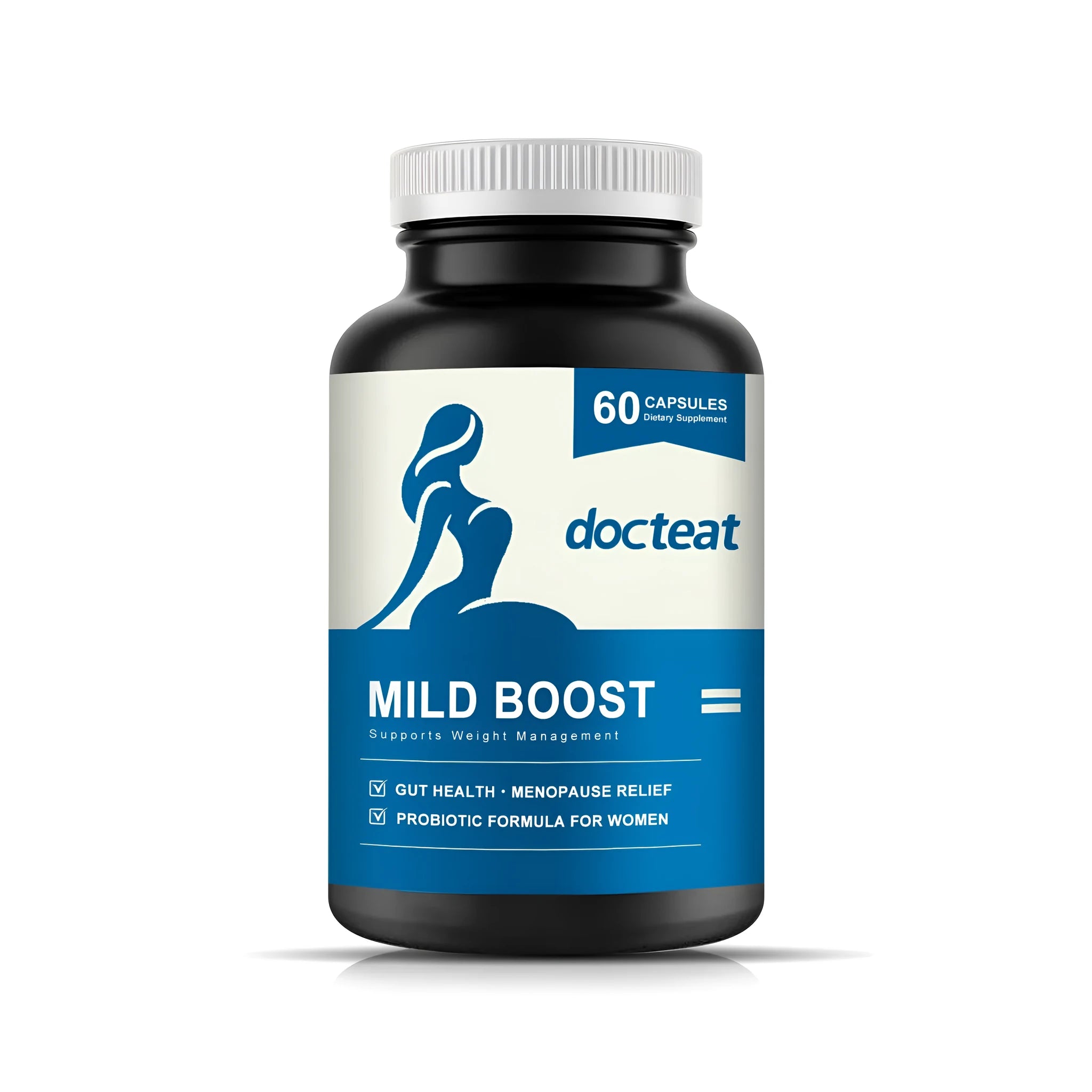 Bottle of 60 dietary supplement capsules containing probiotic blend, turmeric, and moringa leaf extracts.