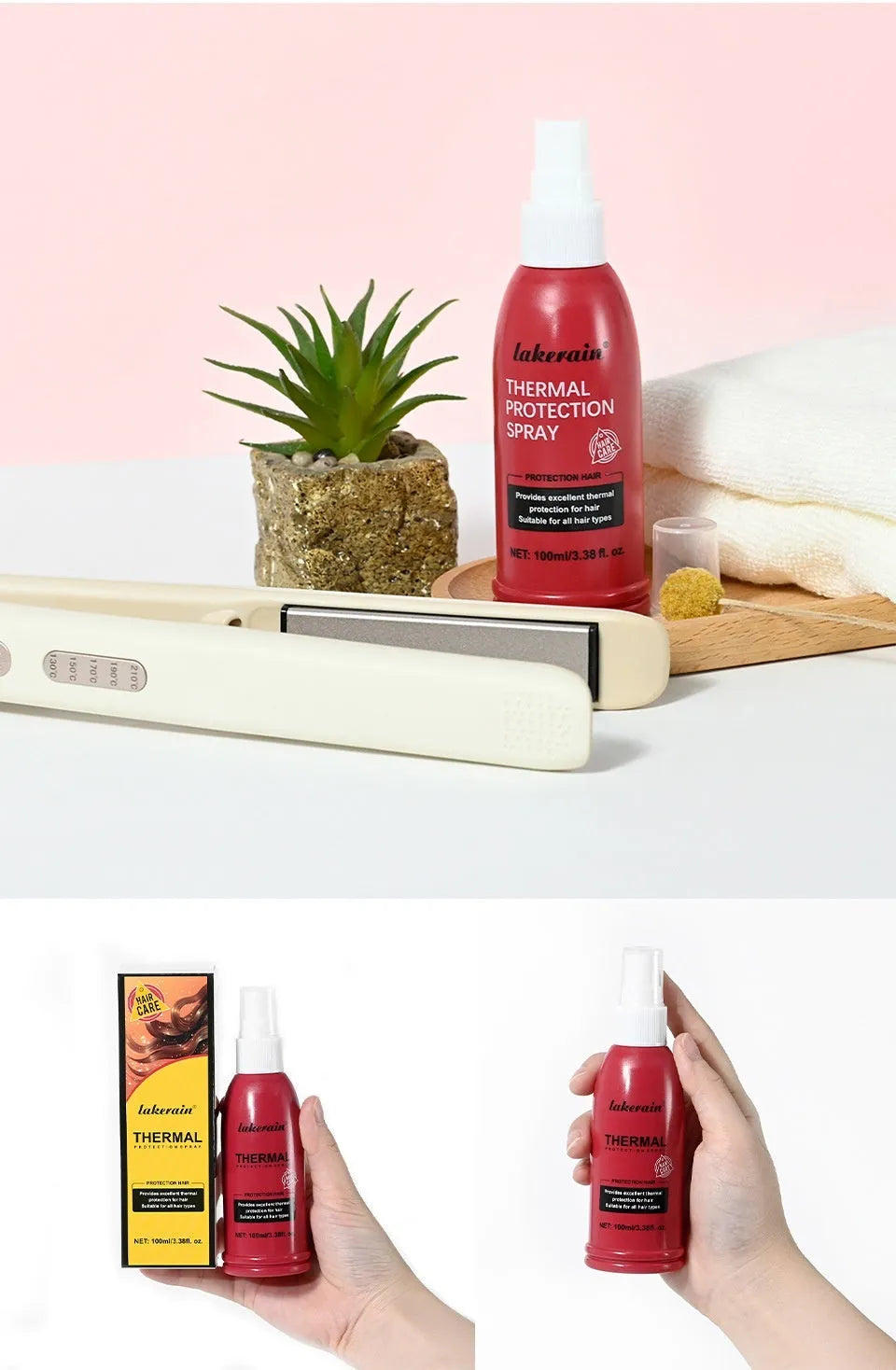 Lakerain Hair Thermal Protection Spray bottle with moisturising nourishing anti-thermal iron protection formula
