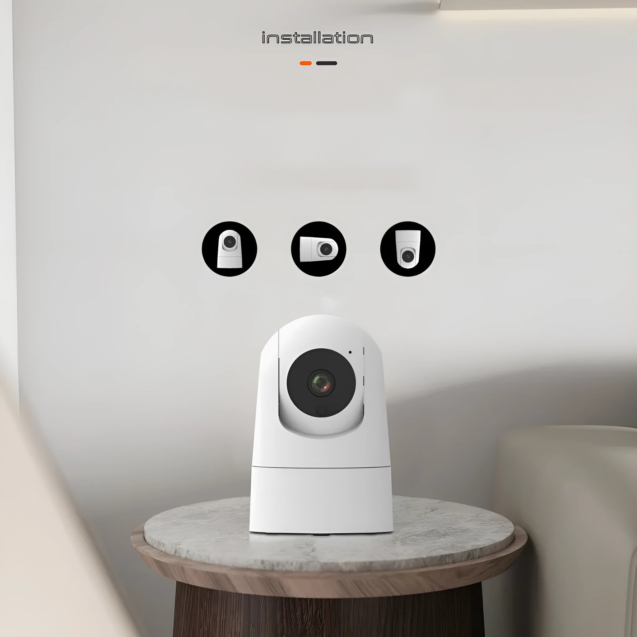 White indoor pan tilt security camera with lens on a compact square base, showing remote movement and two-way audio features.