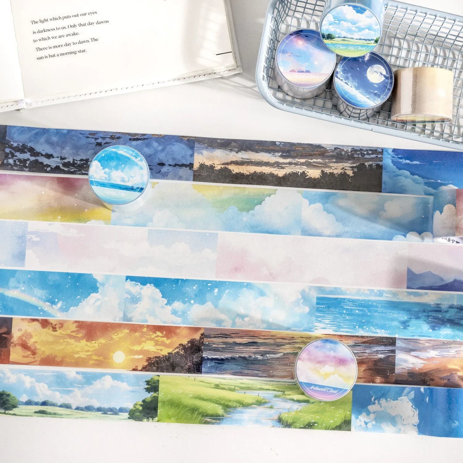 Japanese paper sky theme decorative washi tape roll showing colourful clouds design on 30mm width tape