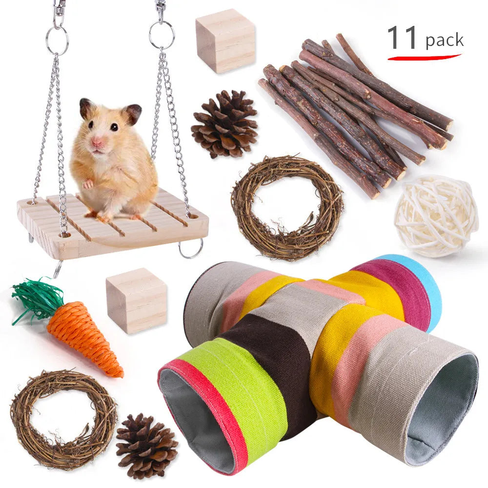 Assortment of natural wooden and woven grass chew toys for small pets like rabbits and guinea pigs