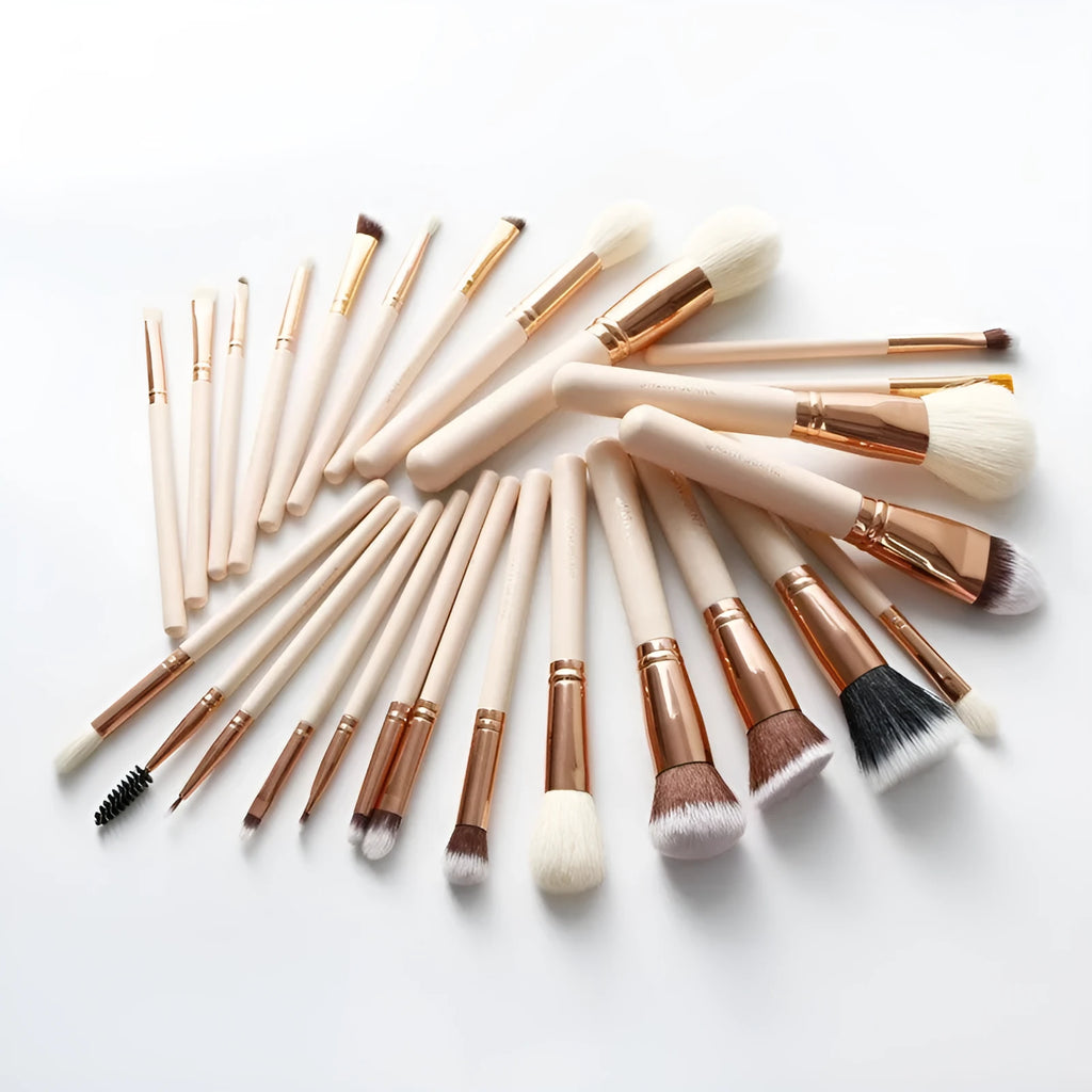 26 pink makeup brushes with wooden handles in a portable PU case