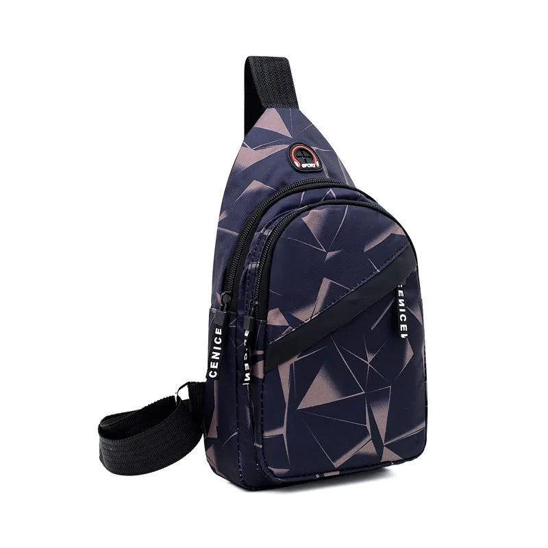 Men's blue crossbody sling bag with an earphone hole and zipper pocket.