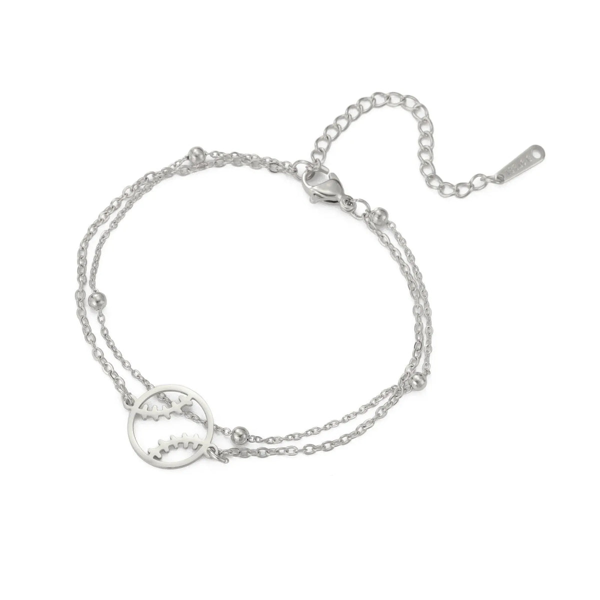 Unisex stainless steel bracelet with hollow baseball design and double-layer chain in gold or steel colour
