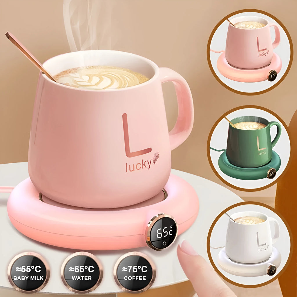 White USB cup warmer pad with LED display on a desk next to a coffee mug.