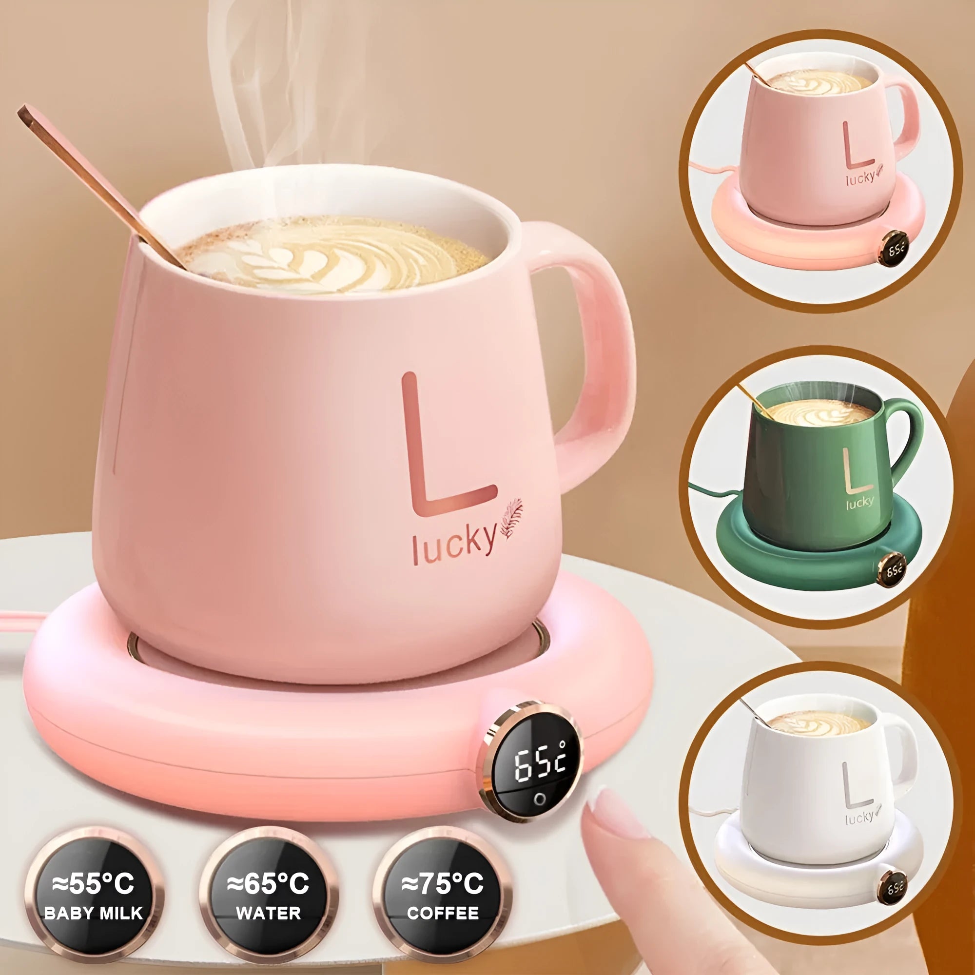 White USB cup warmer pad with LED display on a desk next to a coffee mug.