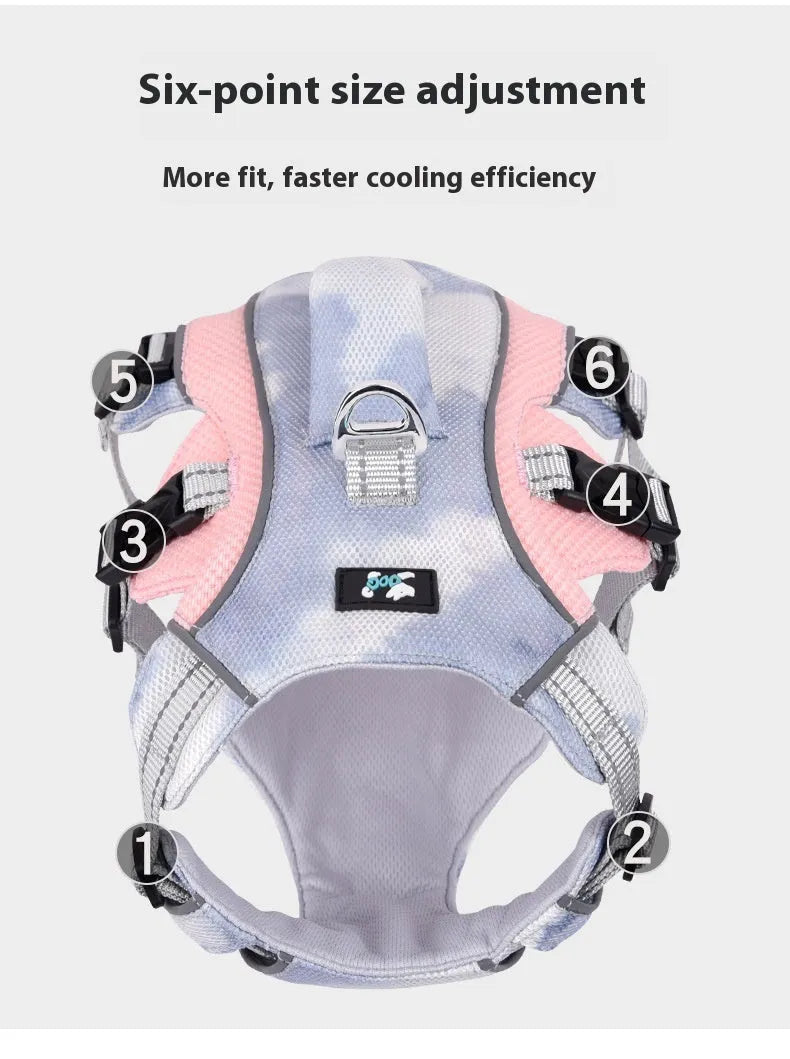 Light blue reflective polyester mesh dog cooling chest strap harness on a background.