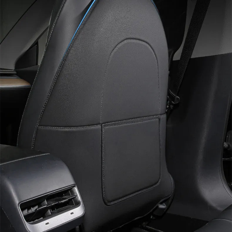 Two black leather motorcycle seat anti kick pads showing dimensions of 68cm by 42cm