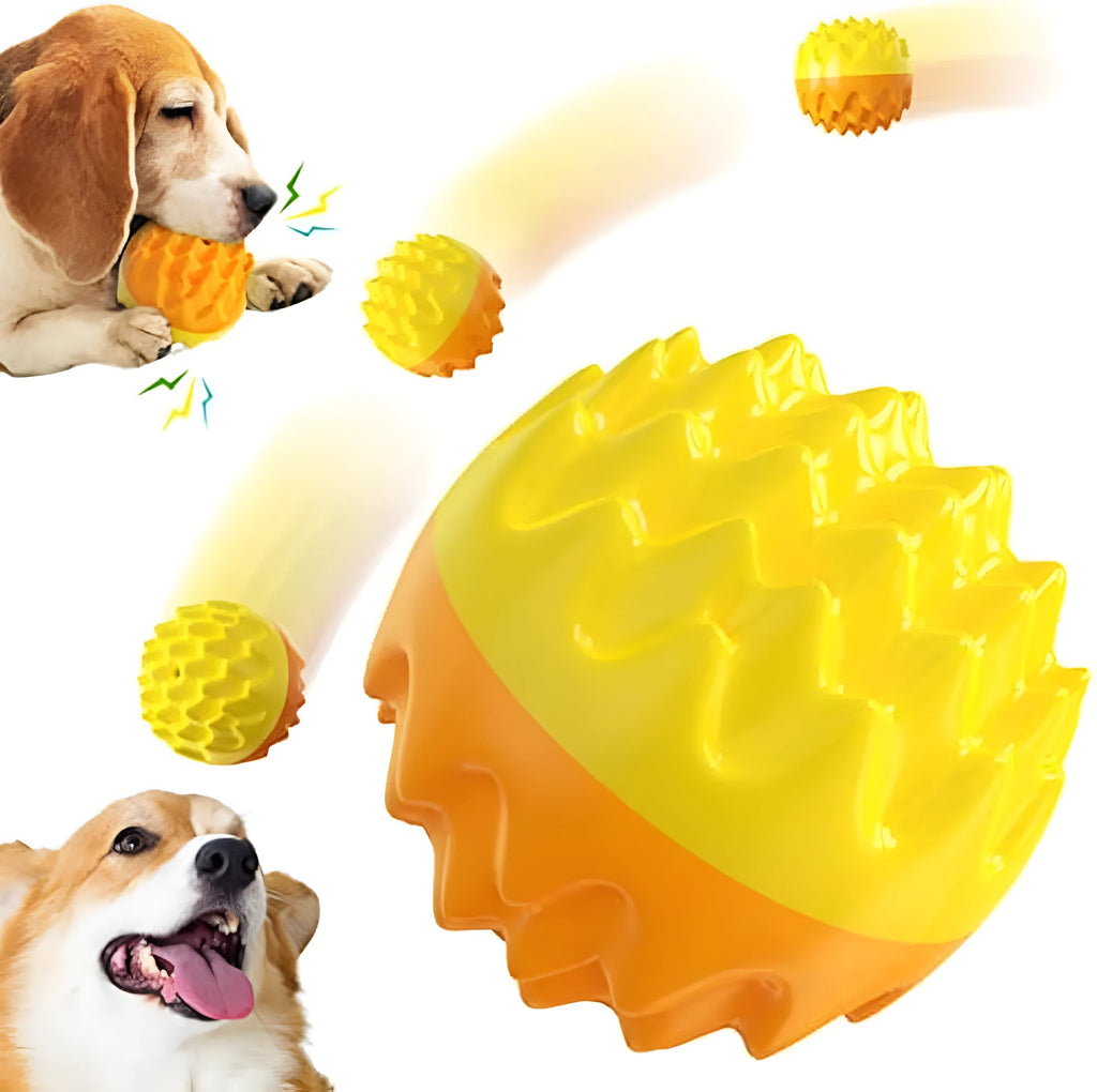 Blue and orange squeaky dog ball toy with spiky dental cleaning surface for aggressive chewers