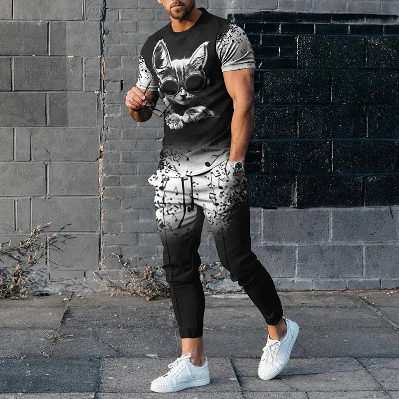 Men's thin short-sleeve printed pullover and matching trousers tracksuit set on a hanger.