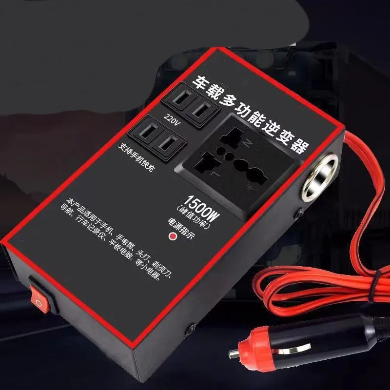 Black automotive power converter that converts 12V or 24V car battery power to 220V AC household electricity