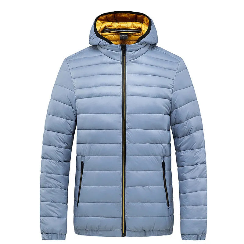 Men's hooded cotton-padded cardigan coat in army green Korean style zip front polyester filler