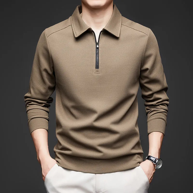 Men's lapel long sleeve solid colour polyester cardigan in dark gray, front view